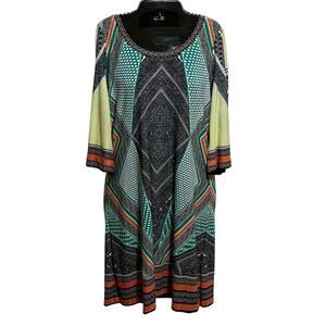 Calvin Klein Dress Large Stretch Knit Geometric Shift Black Green Orange Mod 60s